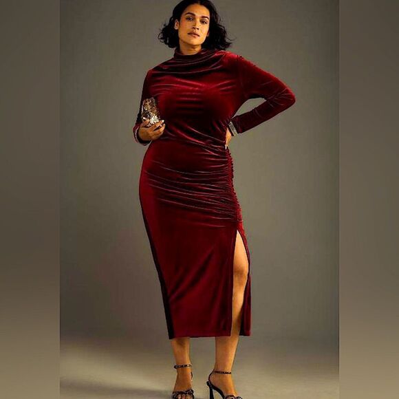Anthropologie The Maya Ruched Cowl-Neck Dress: Velvet Long-Sleeve Edition NWT - Picture 1 of 13